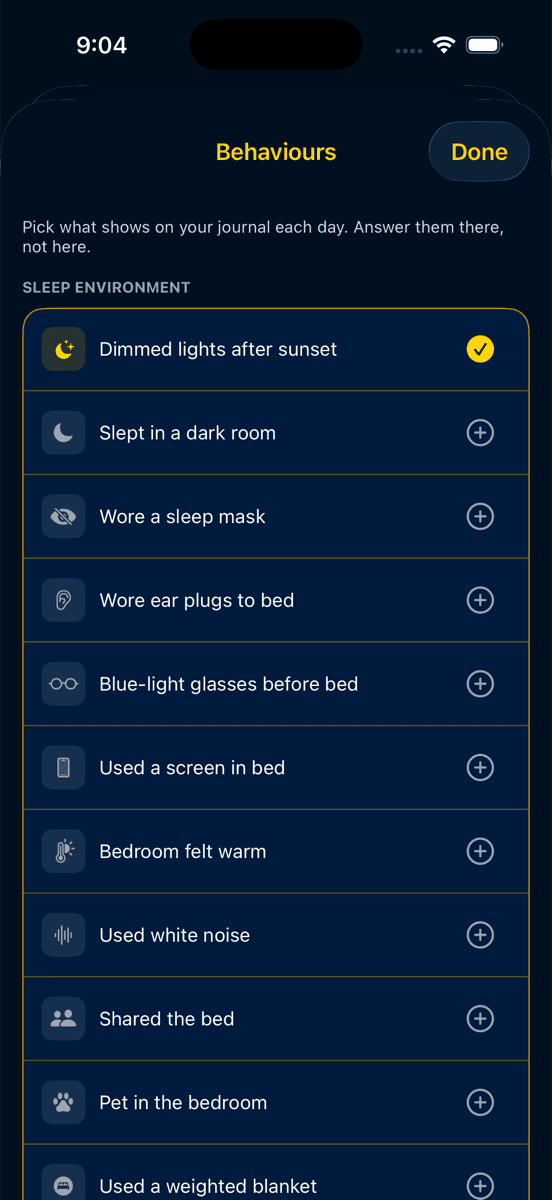 The journal's behaviour picker: a list of sleep environment behaviours such as dimmed lights, sleep mask and white noise, each able to be added to the daily journal.
