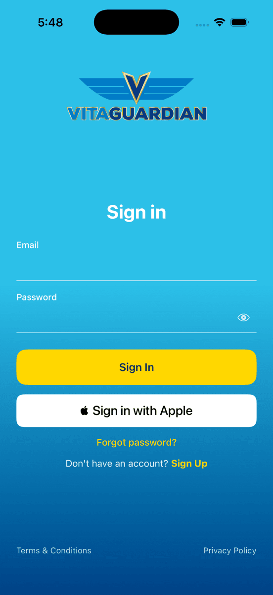 The VitaGuardian sign-in screen, with email and password fields and a Sign in with Apple button.